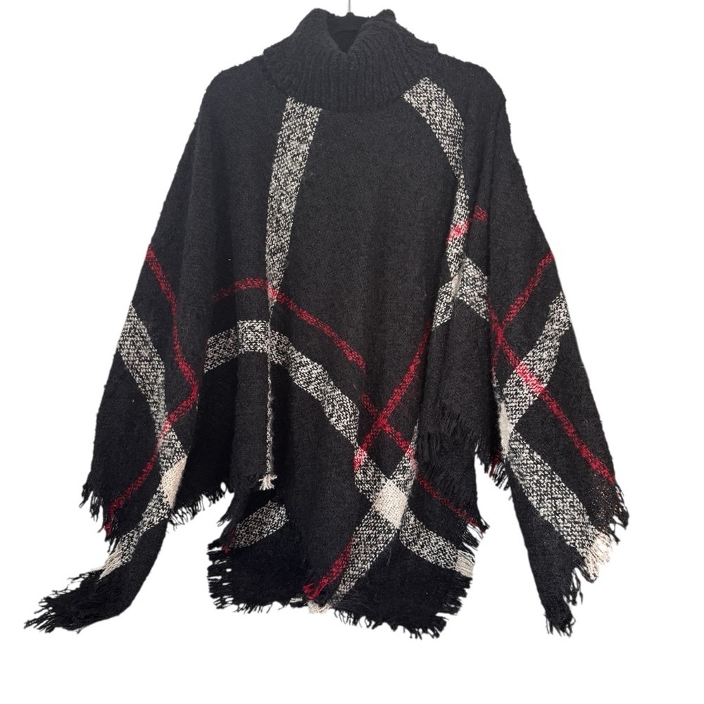 Red/Black Plaid Fringed Pullover Shawl Poncho Cape One Size NWT